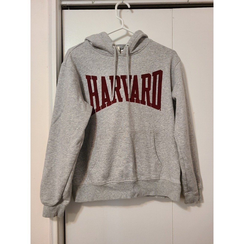 H&M Harvard Grey Hoodie Burgundy Arched Logo and A Functional Front Pocket. M